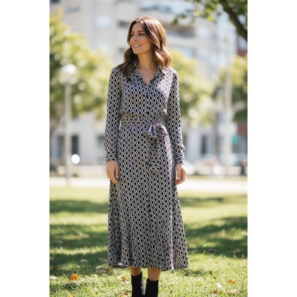 BLOOMCHIC Black White Geometric Monochrome Minimalist V-Neck Ladies Dress, 14/16 - Picture 3 of 8